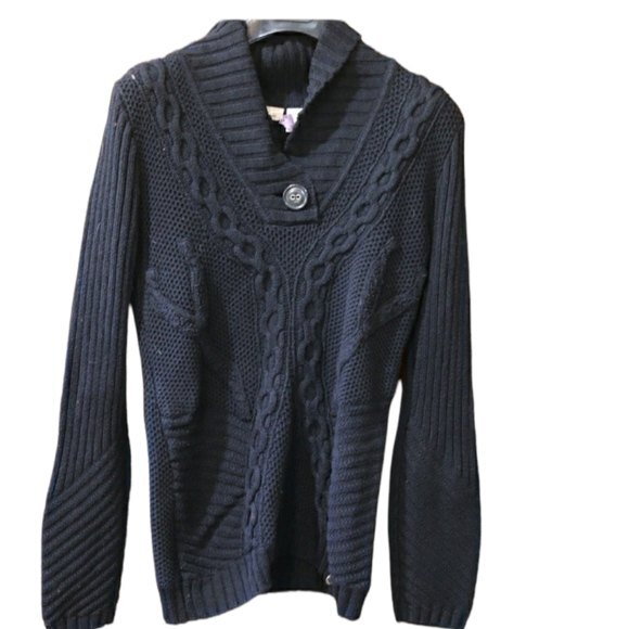 DKNY Jeans Black Cable Knit Sweater Textured Waffle Rib Swirl Band Collar Large - Picture 1 of 13